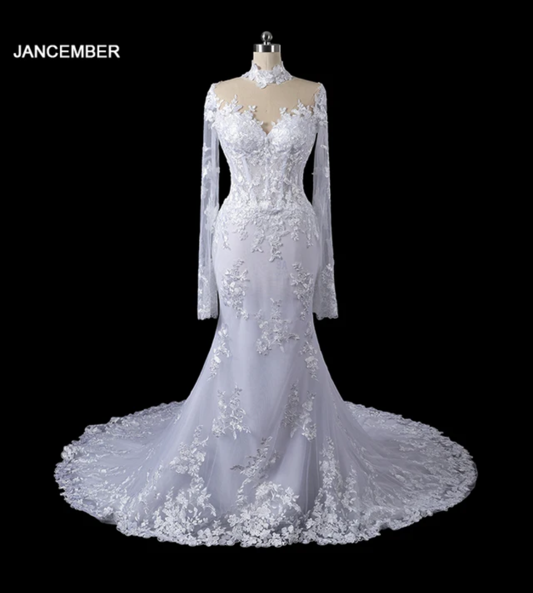 Jancember Rose, Actual Picture Lace Mermaid Wedding Dress For Women V Neck Long Sleeve Floral Backless Bridal Gown 2024