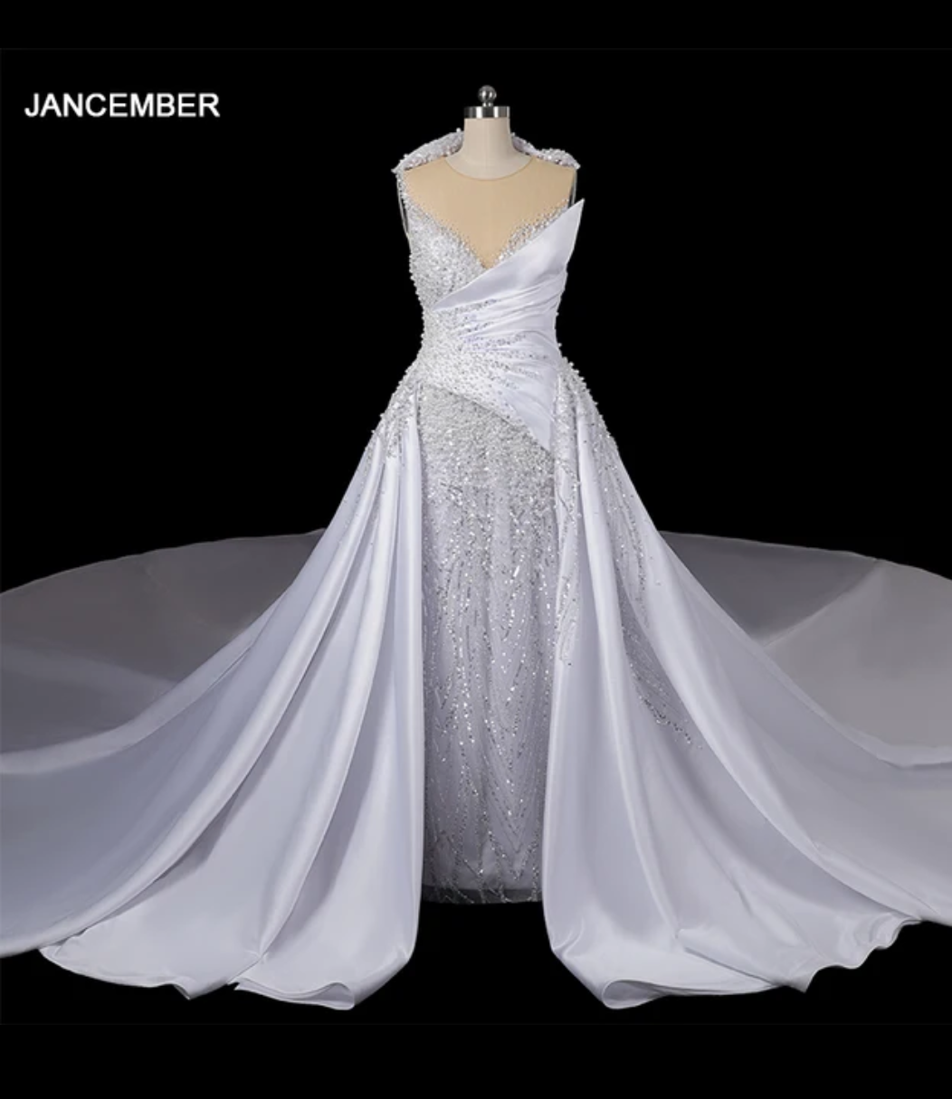 Jancember Jewel, Pearl Dress Dubai Wedding Dress, Full Beading Crystals Mermaid Bridal Gown Princesse Long Train Bride Dress