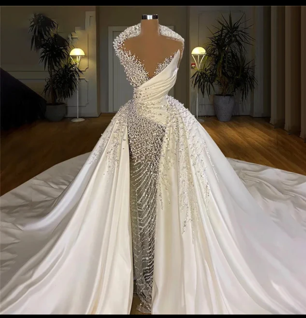 Jancember Jewel, Pearl Dress Dubai Wedding Dress, Full Beading Crystals Mermaid Bridal Gown Princesse Long Train Bride Dress