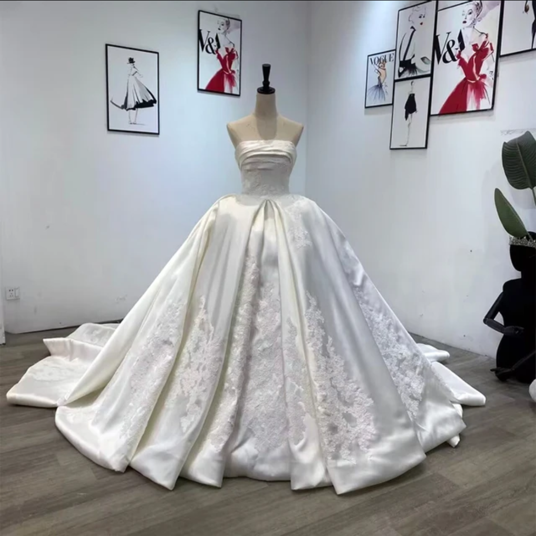 Jancember Love Ballad, High end Luxury New Bride Satin 1light Wedding Party Dresses Off Shoulder Appliqued Retro Ball Gowns