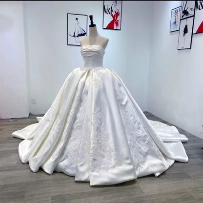 Jancember Love Ballad, High end Luxury New Bride Satin 1light Wedding Party Dresses Off Shoulder Appliqued Retro Ball Gowns