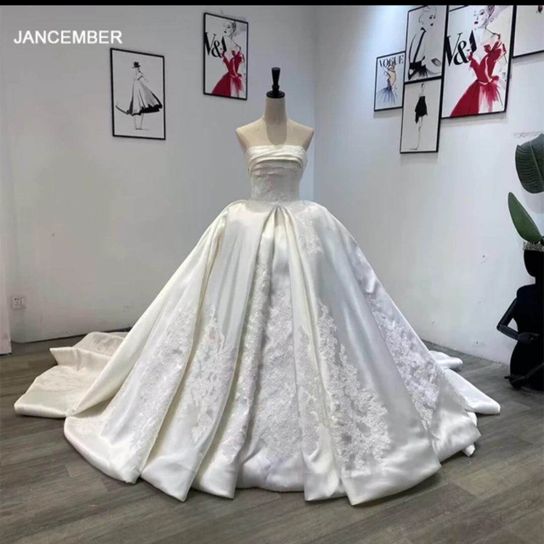 Jancember Love Ballad, High end Luxury New Bride Satin 1light Wedding Party Dresses Off Shoulder Appliqued Retro Ball Gowns