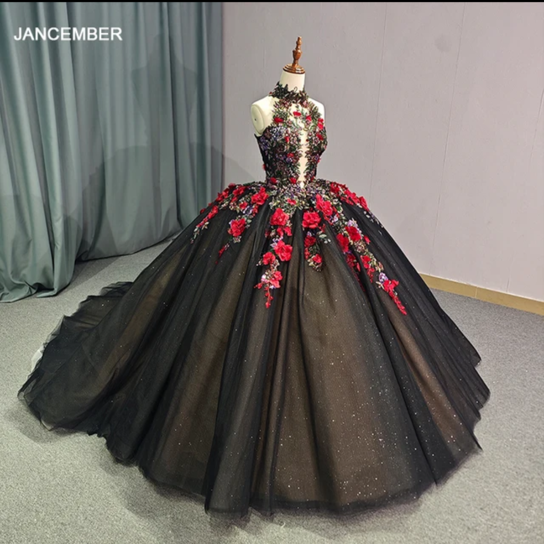 Jancember Black Beauty, 3D Flowers Embroidery Ruffled Mexican Black and Red Quinceanera Dress