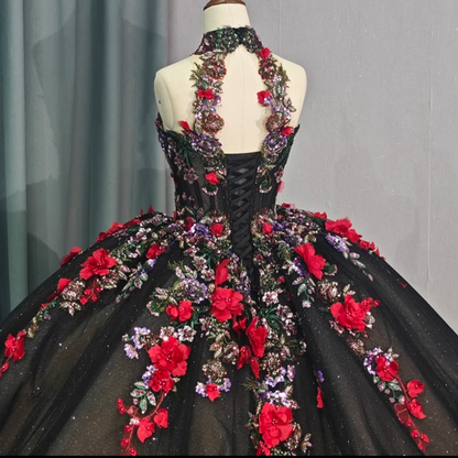 Jancember Black Beauty, 3D Flowers Embroidery Ruffled Mexican Black and Red Quinceanera Dress