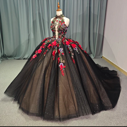 Jancember Black Beauty, 3D Flowers Embroidery Ruffled Mexican Black and Red Quinceanera Dress