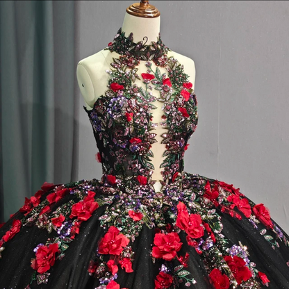 Jancember Black Beauty, 3D Flowers Embroidery Ruffled Mexican Black and Red Quinceanera Dress