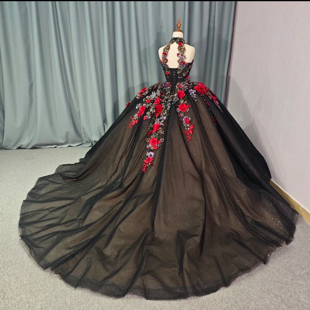 Jancember Black Beauty, 3D Flowers Embroidery Ruffled Mexican Black and Red Quinceanera Dress