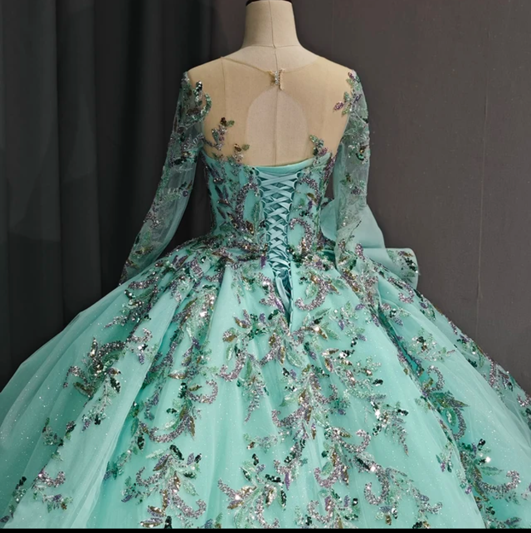 Jancember Jasmine, Princess Ball Gown Flower Appliques Green Quinceanera Dresses