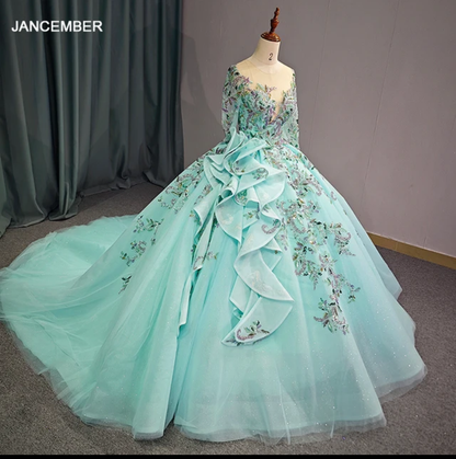 Jancember Jasmine, Princess Ball Gown Flower Appliques Green Quinceanera Dresses