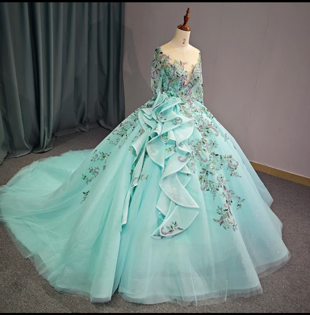 Jancember Jasmine, Princess Ball Gown Flower Appliques Green Quinceanera Dresses