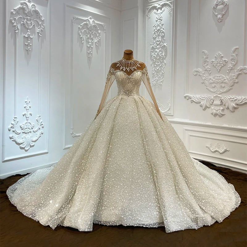 Crystal, Luxury Crystal Beaded Shimmering Wedding Dress Embroidery Long Sleeve Princess Bridal Gown