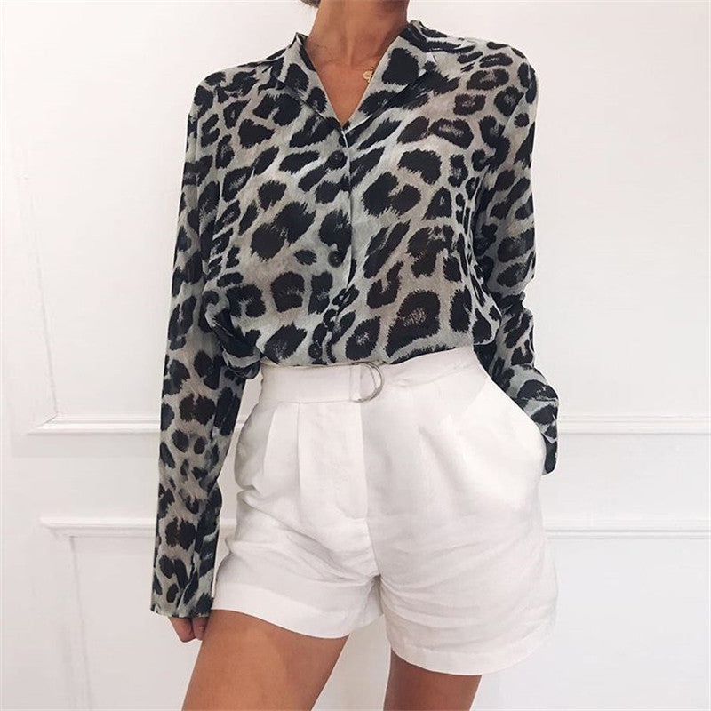 Vintage, Long Sleeve Leopard Print Blouse Turn Down Collar Casual Loose Tops for Women