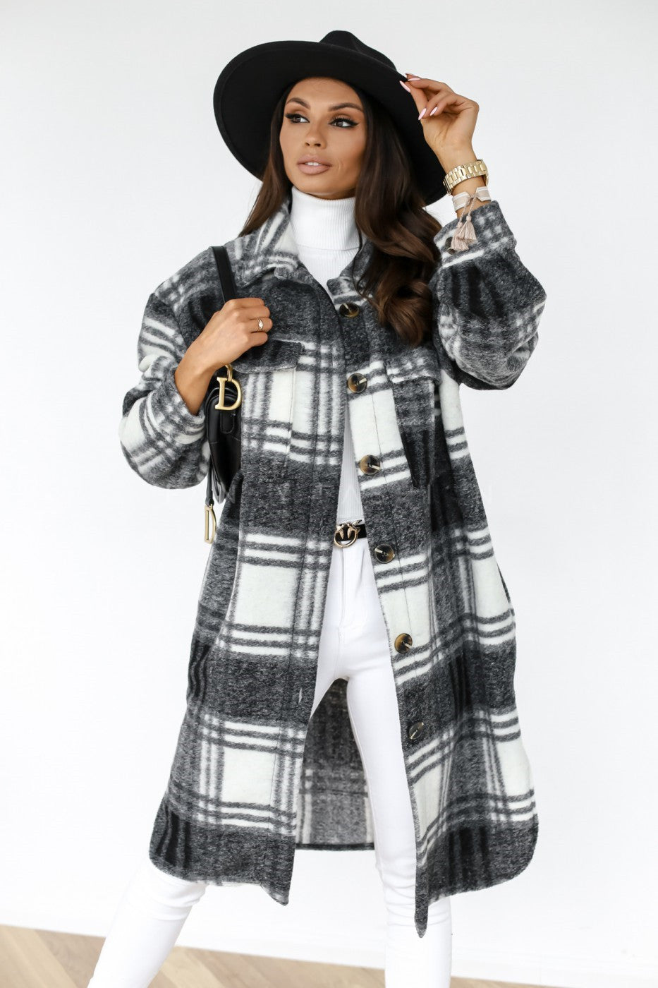 Beau, Lapel Casual Warm Plaid Long Woolen Ladies Coat