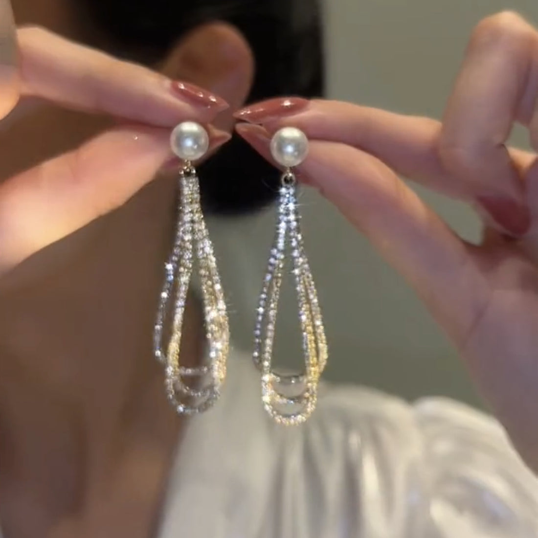 Tear Drop, Light Weight Luxury Long Tassel Pearl and Rhinestone Earrings with 925 Silver Post