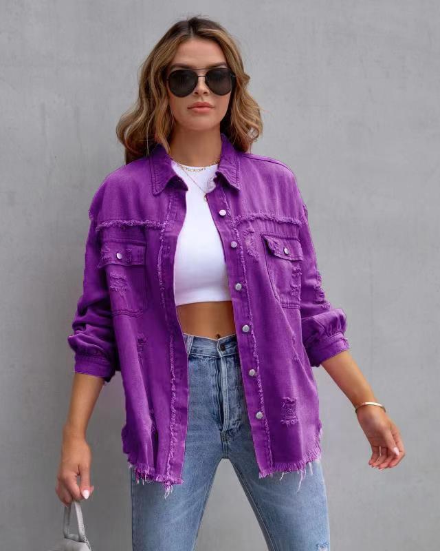 Suburban, Fashion Ripped Shirt Jacket Female Autumn And Spring Casual Womens Clothing