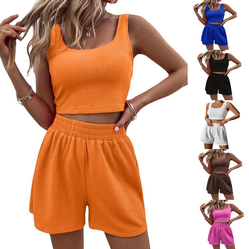 Sweet Knit, Summer Square Neck Top And Elastic Waist Shorts Fashion Casual Solid Color 2Pcs Set Womens Clothing