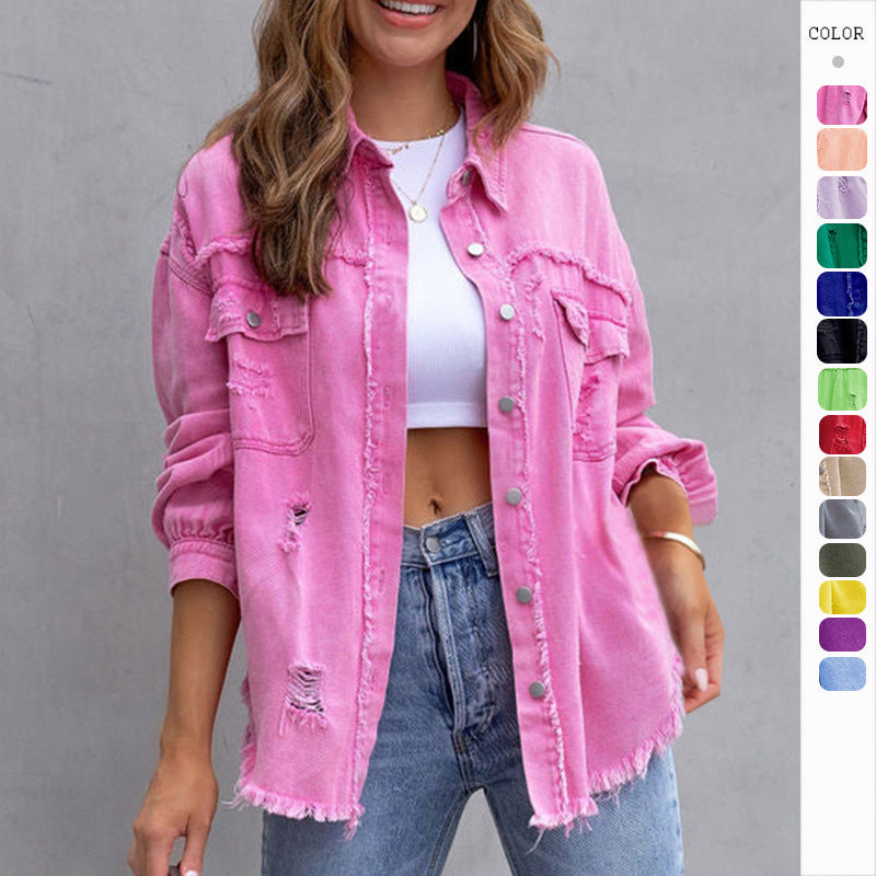 Suburban, Fashion Ripped Shirt Jacket Female Autumn And Spring Casual Womens Clothing