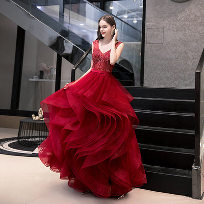 Burgundy Beauty, Elegant Lace Bodice with Voluminous Layered Full Skirt, Women&