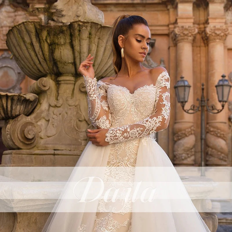 Darla, Stunning Mermaid Sweetheart Neckline Long Sleeve Detachable Train 2 in 1 Lace Wedding Gown