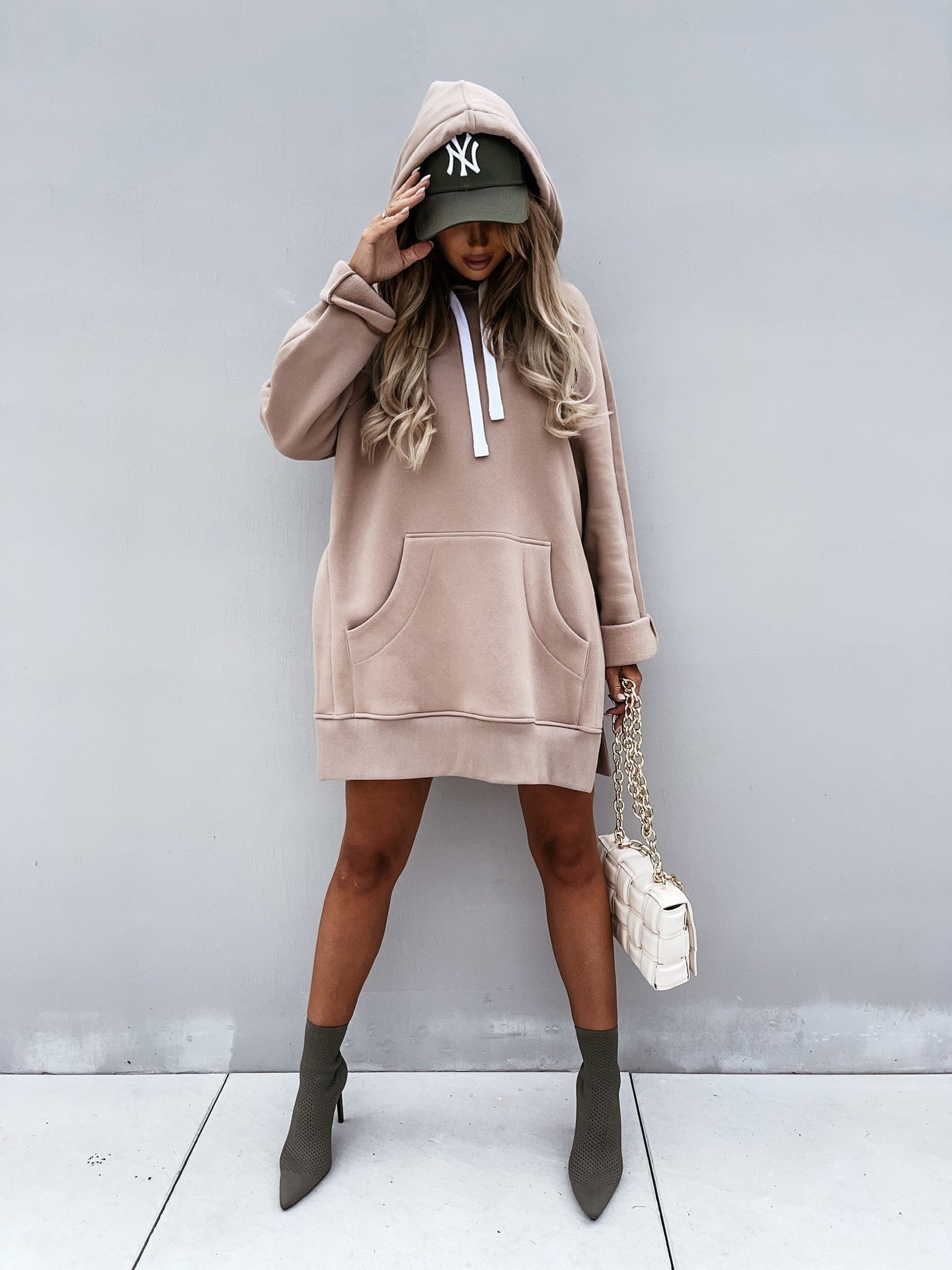 KICS, Long Sleeve Solid Color Pullover Hooded Drawstring  Women&