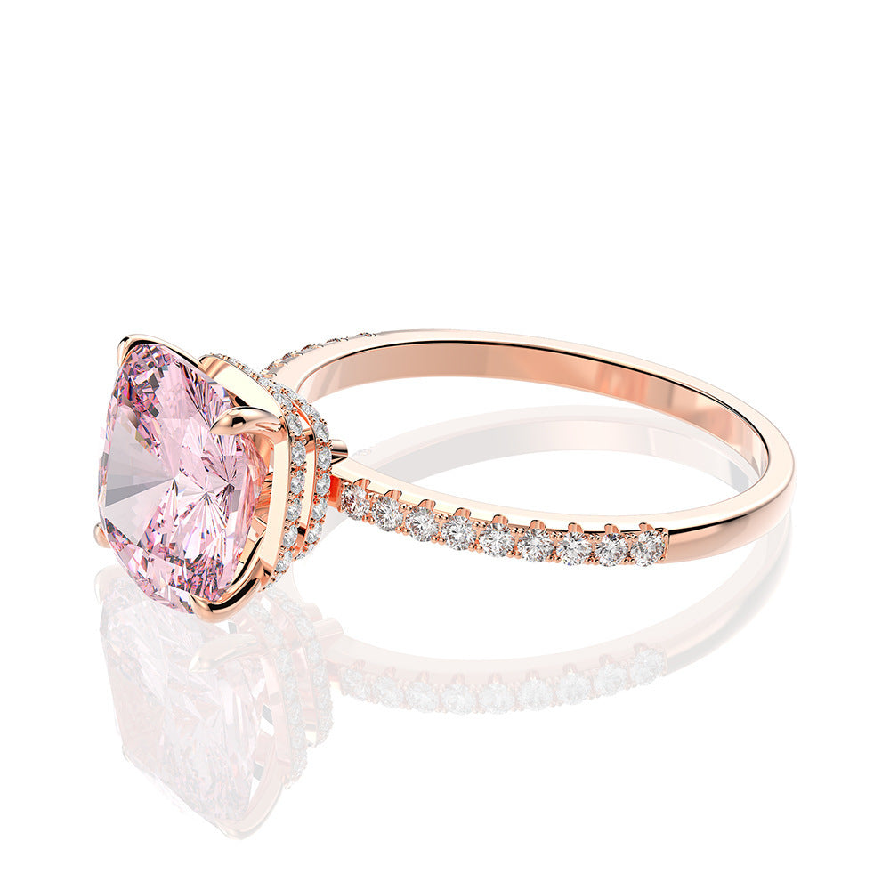 Pink Sunrise, High Carbon Large Cushion Simulate Diamond Ring, Sterling Silver Pink Wedding Ring