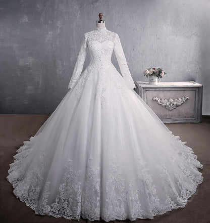 Cherish, Long-Sleeved  Lace Bodice High Collar  Bridal Wedding Dress (Large Size)