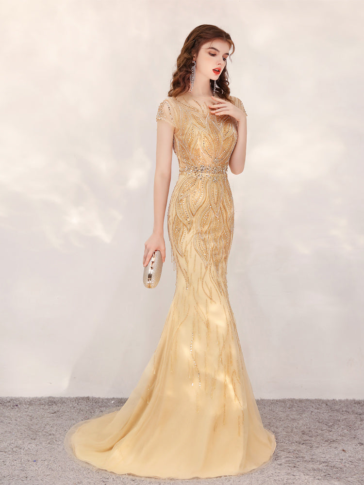 Glory, Fishtail Evening Dress Gold with Modest Train, Host/Event Evening Gown