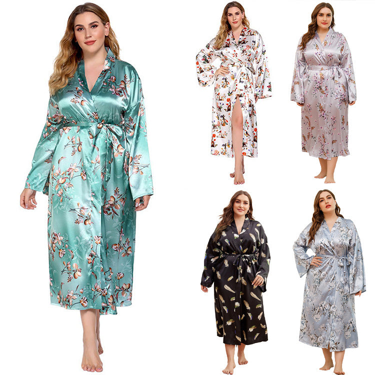 Camise, Long Robes For Women Flower Print Bathrobe V-neck Silk Sleepwear