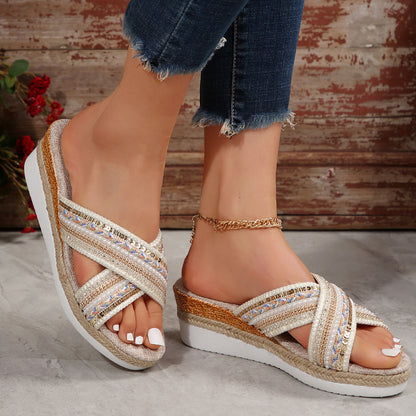 Linen, Summer Wedge Ethnic Style Cross-strap Sandals For Women Non-slip Slides