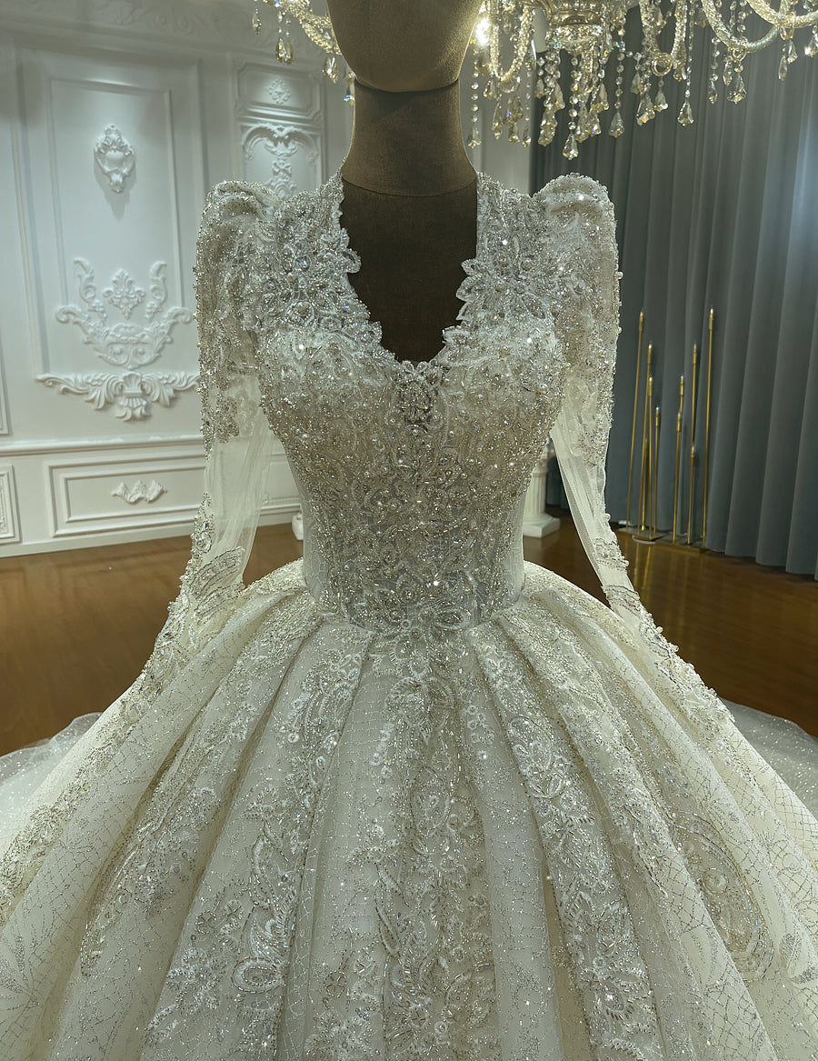 Jancember Celestia, Long Sleeve Luxury Beaded Lace Wedding Dress, Event Wedding Bridal Dress