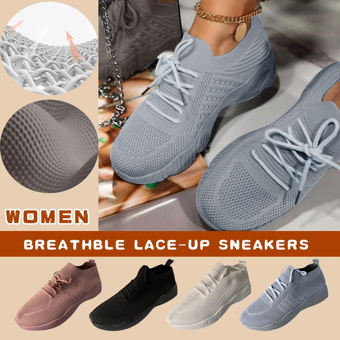 Rarity, Unique Design Combo Sock Top Lace-up Women Mesh Tennis  Outdoor Walking Shoes