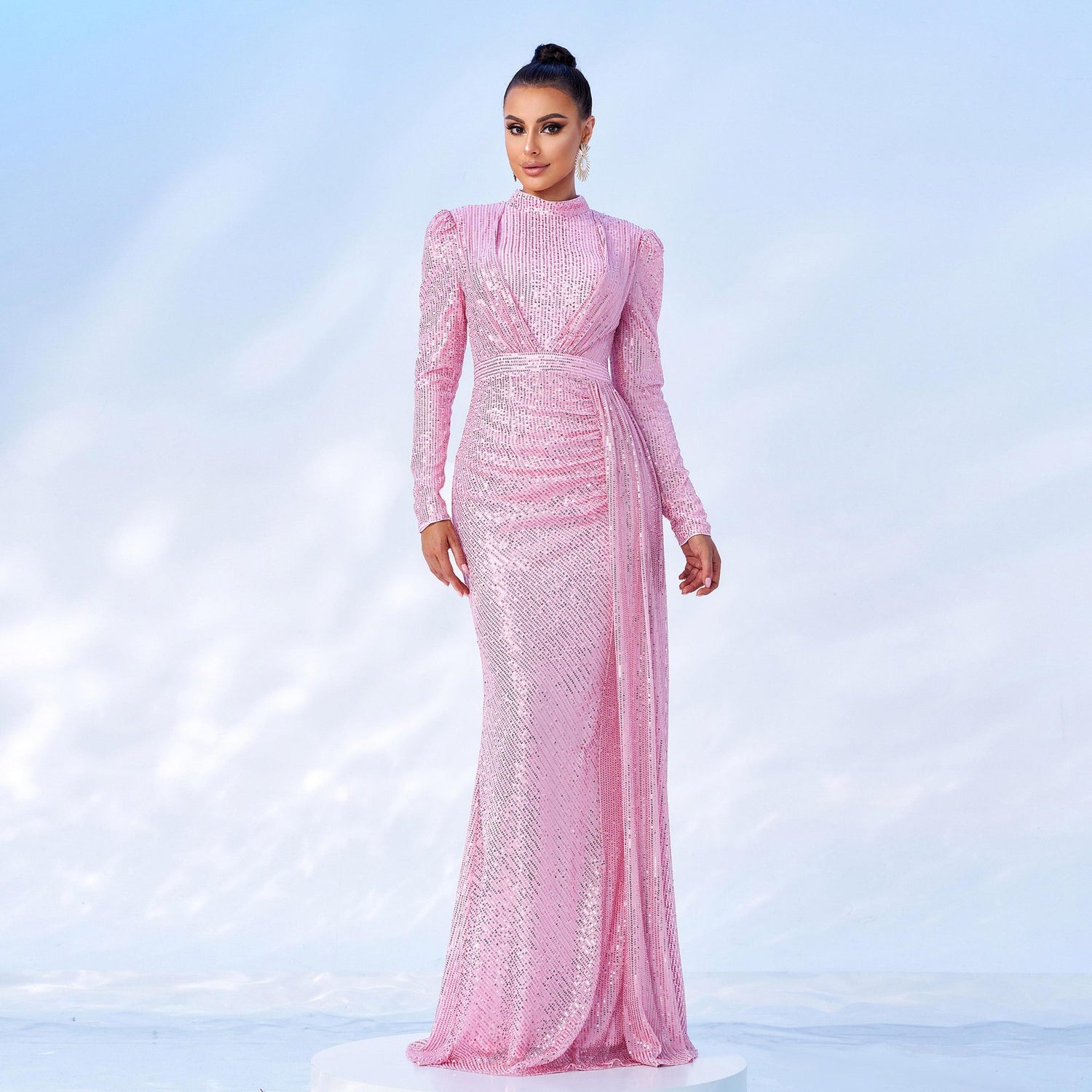 IICIE, Beautiful Winter Long Sleeve Round Neck Sequined Formal Gown