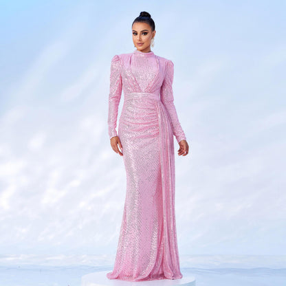 IICIE, Beautiful Winter Long Sleeve Round Neck Sequined Formal Gown