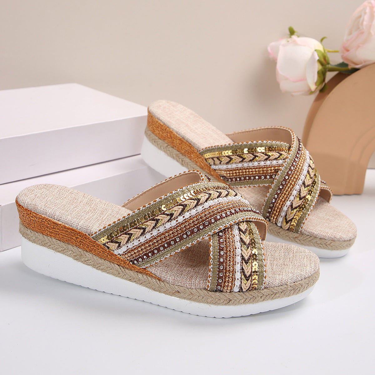 Linen, Summer Wedge Ethnic Style Cross-strap Sandals For Women Non-slip Slides