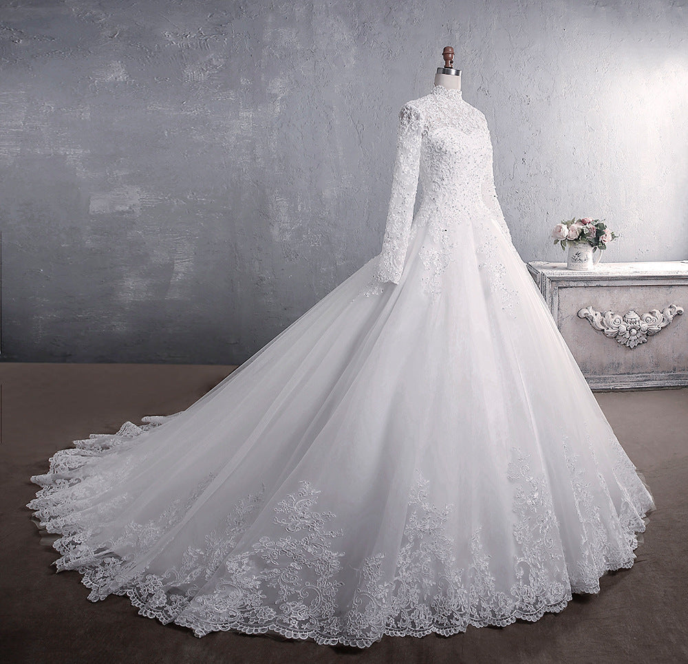 Cherish, Long-Sleeved  Lace Bodice High Collar  Bridal Wedding Dress (Large Size)