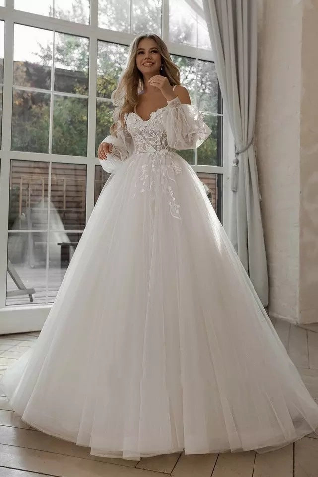 Crown, Bride Gown with Puff Sleeves Off Shoulder Wedding Dresses