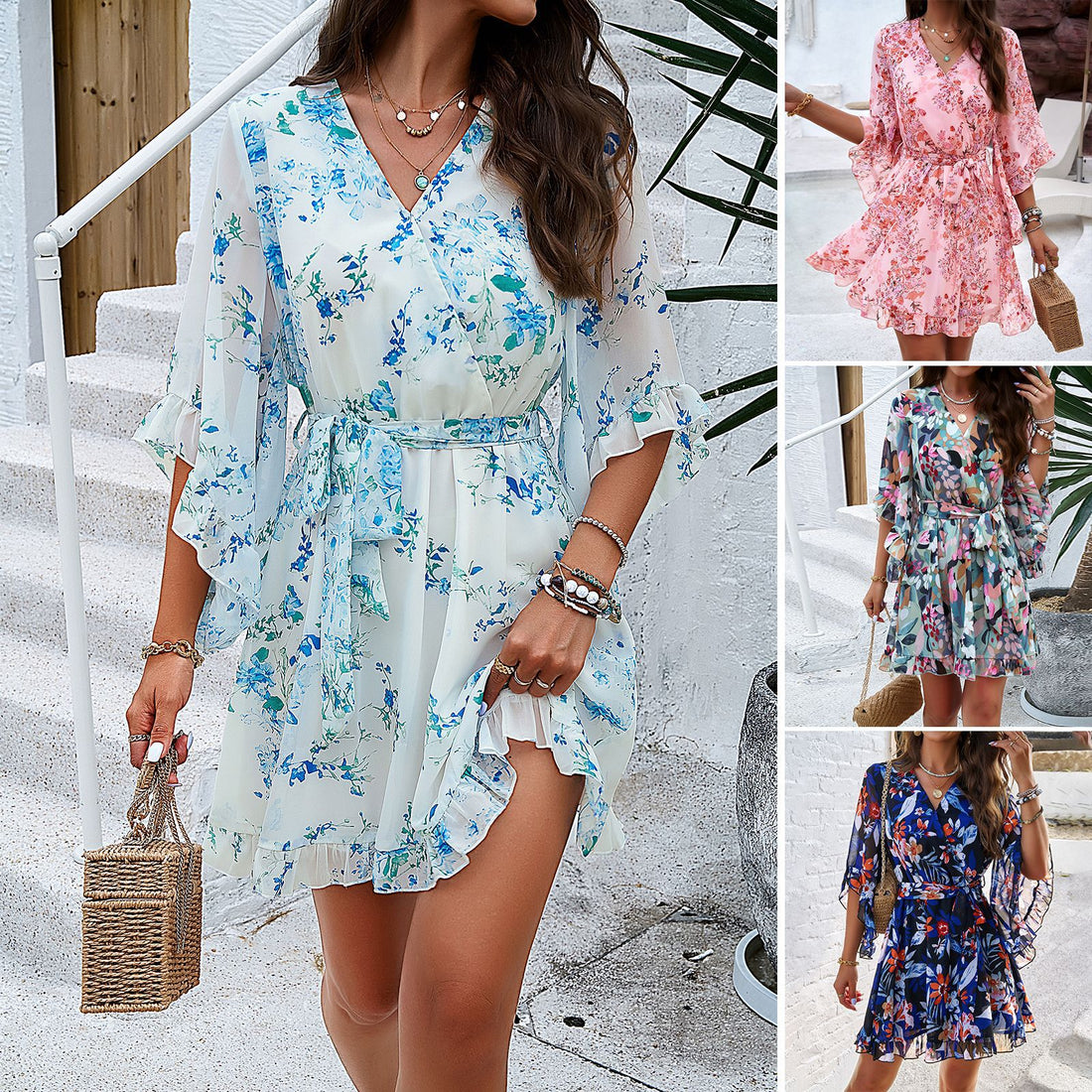 Summer Beauty, Ruffle Floral Printed Short Sleeve Belted V-neck Dress for Women