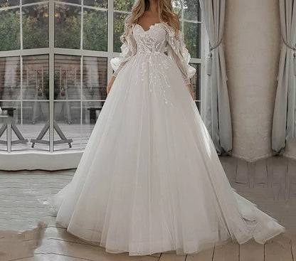 Crown, Bride Gown with Puff Sleeves Off Shoulder Wedding Dresses