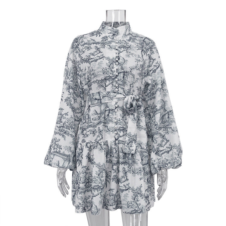 Ink Print, Long Sleeve Casual Short Dress With Fashion Puff Sleeve and Tie Waist