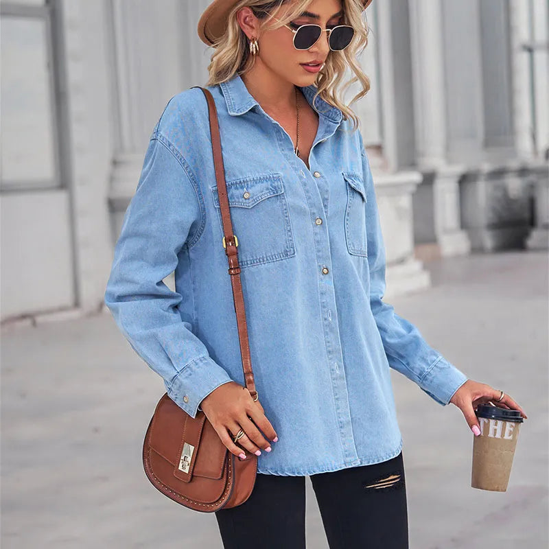 Casual Loose Denim Shirts for Women 2024 Autumn Vintage Women&