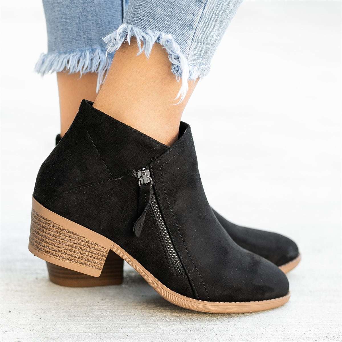 Go West, Suede Style Ankle Boots For Women, Low Heel with Side Zipper