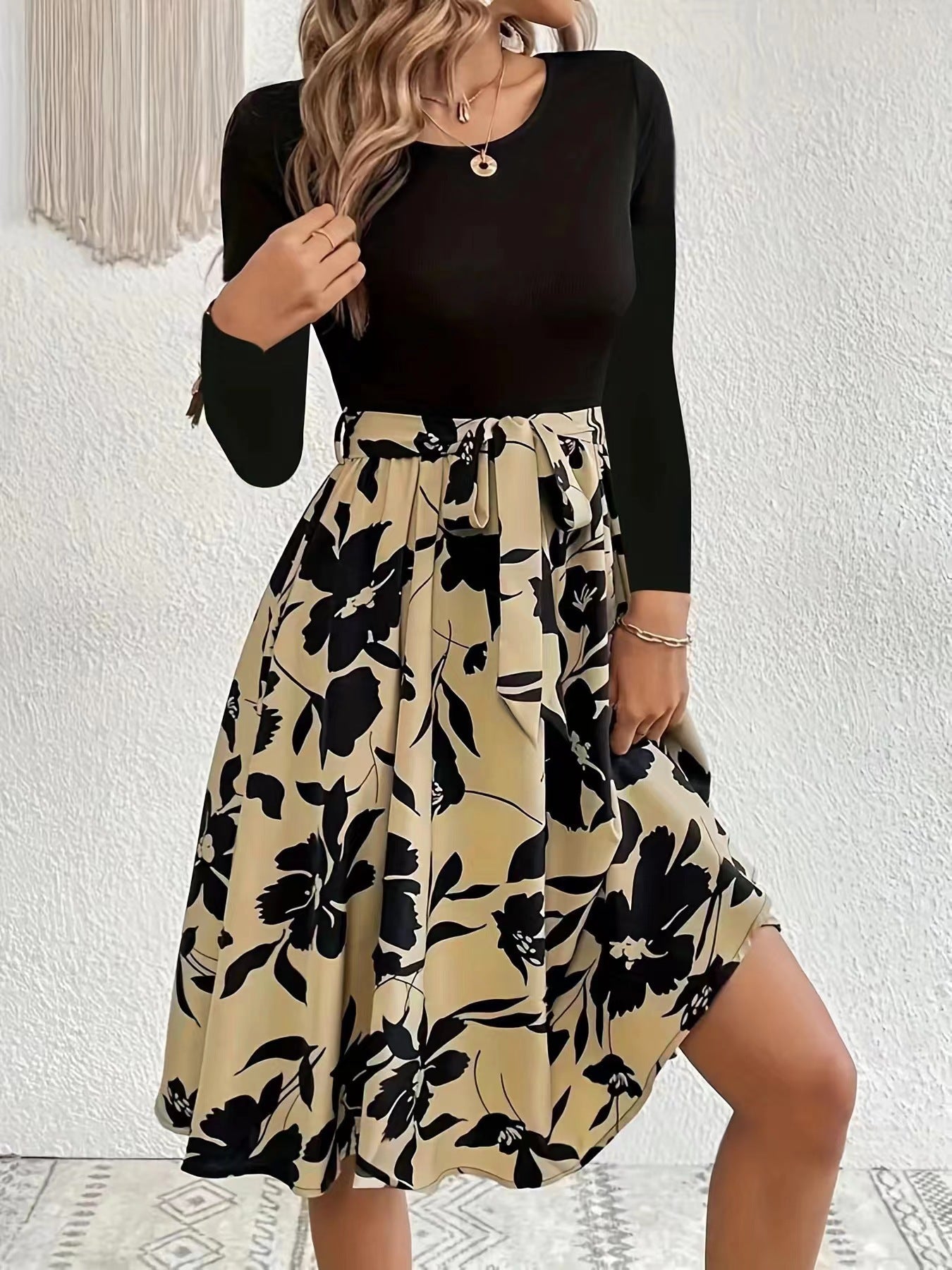 S.A.S, Casual Floral Print Knee Length Long Sleeve Dress, Fashion Round Neck Tie Waist Slim Fit Dress Women&