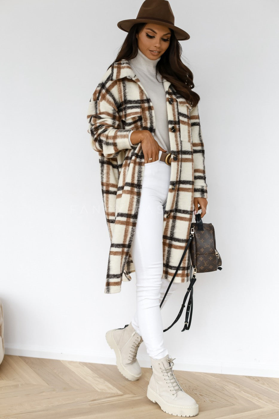 Beau, Lapel Casual Warm Plaid Long Woolen Ladies Coat