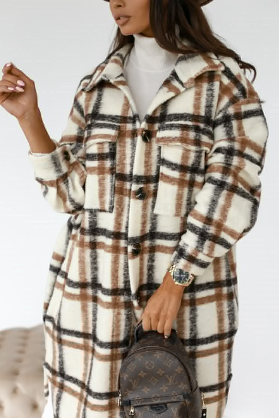 Beau, Lapel Casual Warm Plaid Long Woolen Ladies Coat