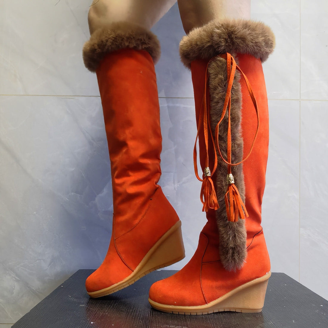 Jordan, Winter Plush Long Boots For Women, Low Wedges Soles