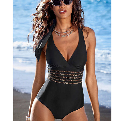 Pure Modest Sex Appeal, Exposed Back, V-Neck, Cinched Waist One Piece Swimsuit