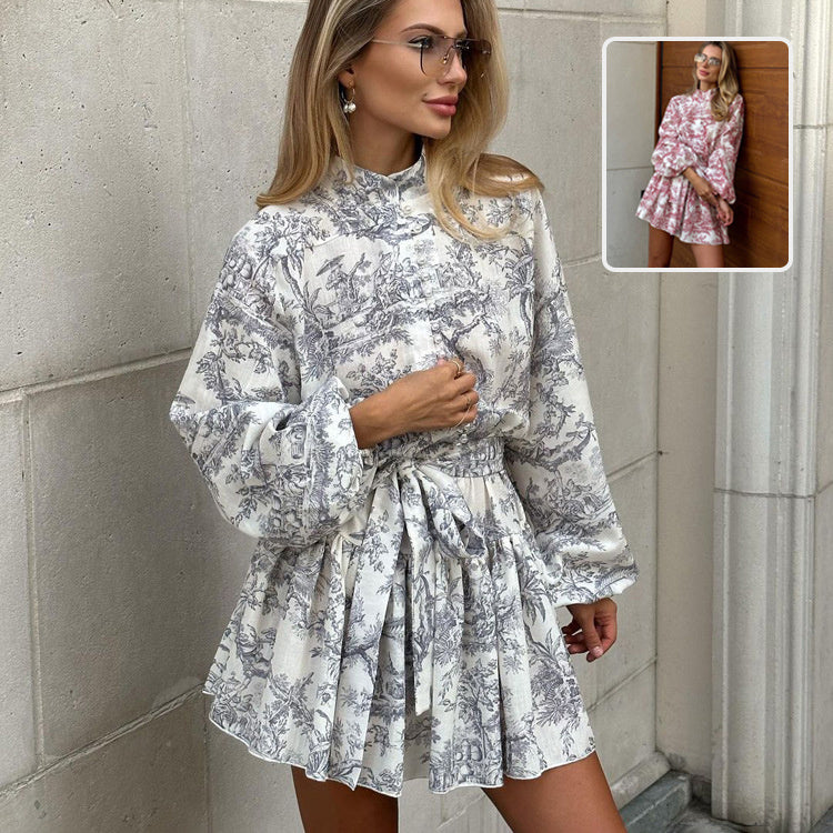 Ink Print, Long Sleeve Casual Short Dress With Fashion Puff Sleeve and Tie Waist