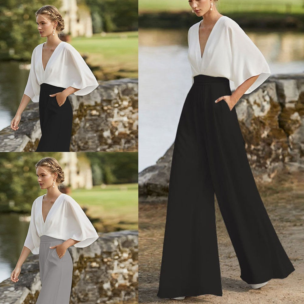 Vogue, Deep V High Waist Wide Leg Jumpsuit for Women