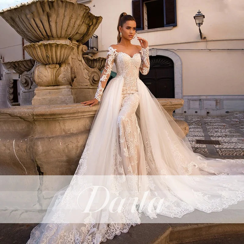 Darla, Stunning Mermaid Sweetheart Neckline Long Sleeve Detachable Train 2 in 1 Lace Wedding Gown