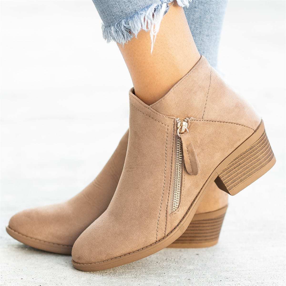 Go West, Suede Style Ankle Boots For Women, Low Heel with Side Zipper